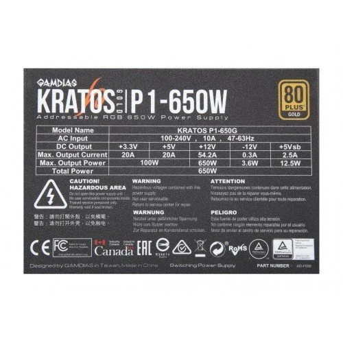 Gamdias KRATOS P1 650G 80+ Gold ATX Power Supply