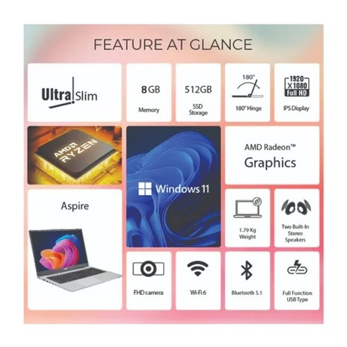 Acer Aspire 15 AS15-42-R5 Ryzen 5 7430U 8GB DDR4 3200MHz 512GB NVMe SSD 15.6 Inch FHD IPS Backlit 55Whr Pure Silver