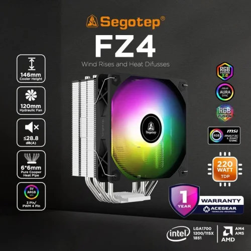 SEGOTEP FZ4 Intel/AMD Single Tower 4Heatpipe ARGB Air CPU Cooler Black