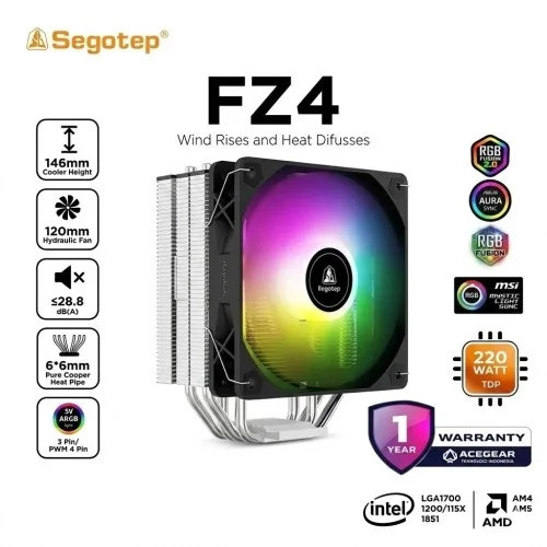 SEGOTEP FZ4 Intel/AMD Single Tower 4Heatpipe ARGB Air CPU Cooler Black